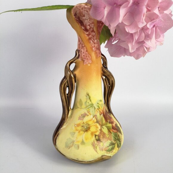 Vintage Miniature Amphora Bud Vase Yellow Pink Brown Floral Teal Inside Boho - Picture 9 of 15